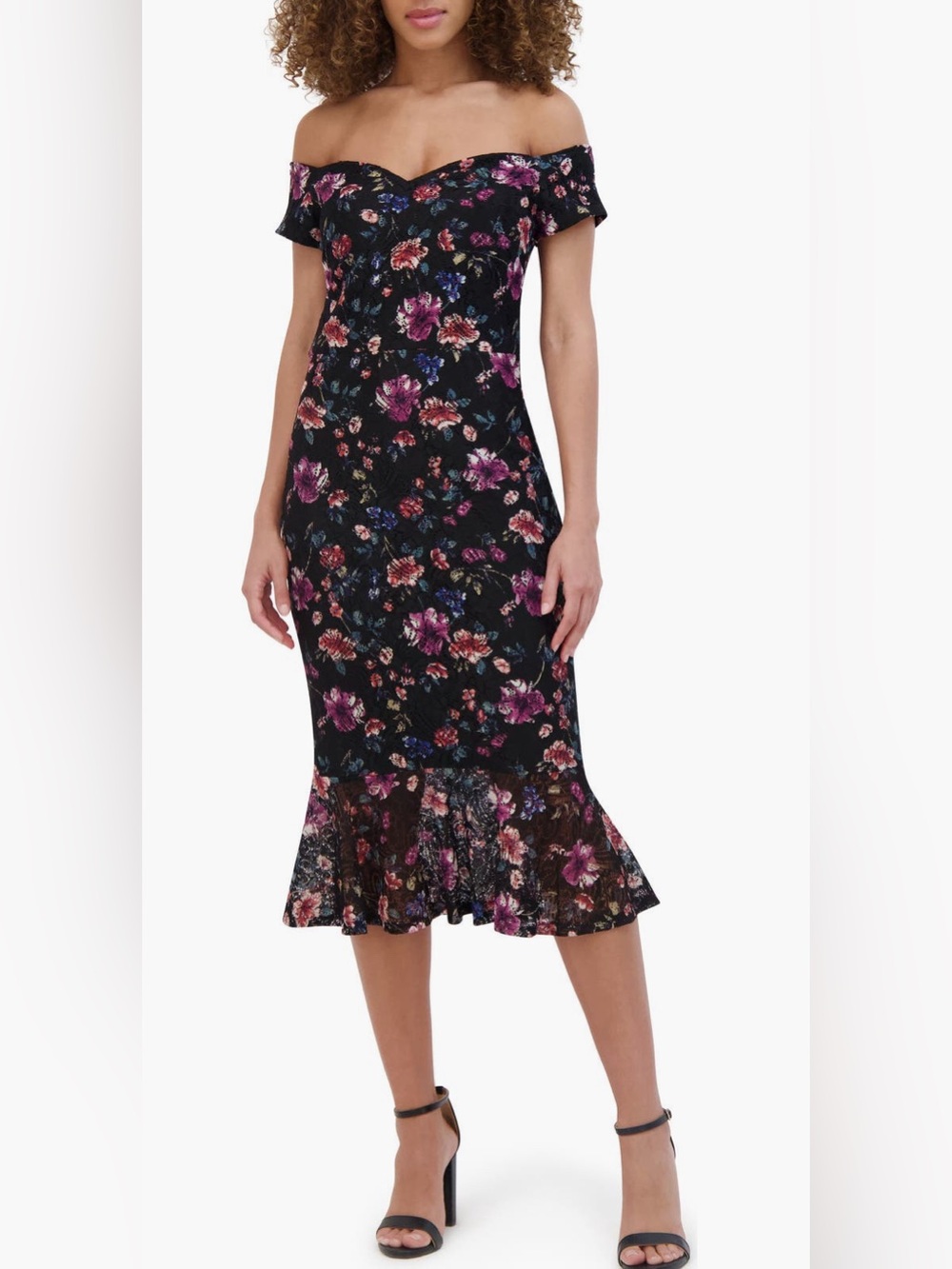 Off-Shoulder Black Floral Midi Dress